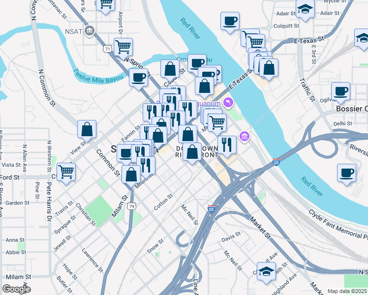 map of restaurants, bars, coffee shops, grocery stores, and more near in Shreveport