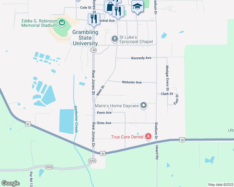 map of restaurants, bars, coffee shops, grocery stores, and more near 155 Lee Street in Grambling