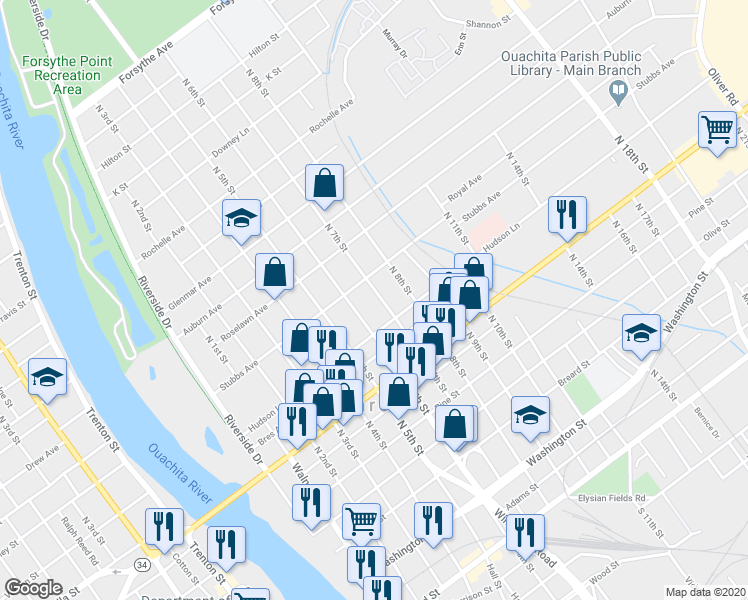 map of restaurants, bars, coffee shops, grocery stores, and more near 1011 North 7th Street in Monroe