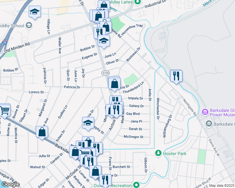map of restaurants, bars, coffee shops, grocery stores, and more near 1415 Mark Ave in Bossier City