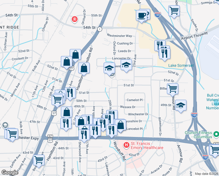 map of restaurants, bars, coffee shops, grocery stores, and more near 5018 20th Avenue in Columbus