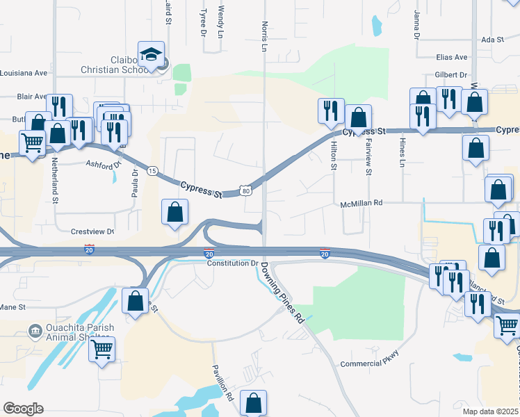 map of restaurants, bars, coffee shops, grocery stores, and more near Downing Pines Rd in Claiborne