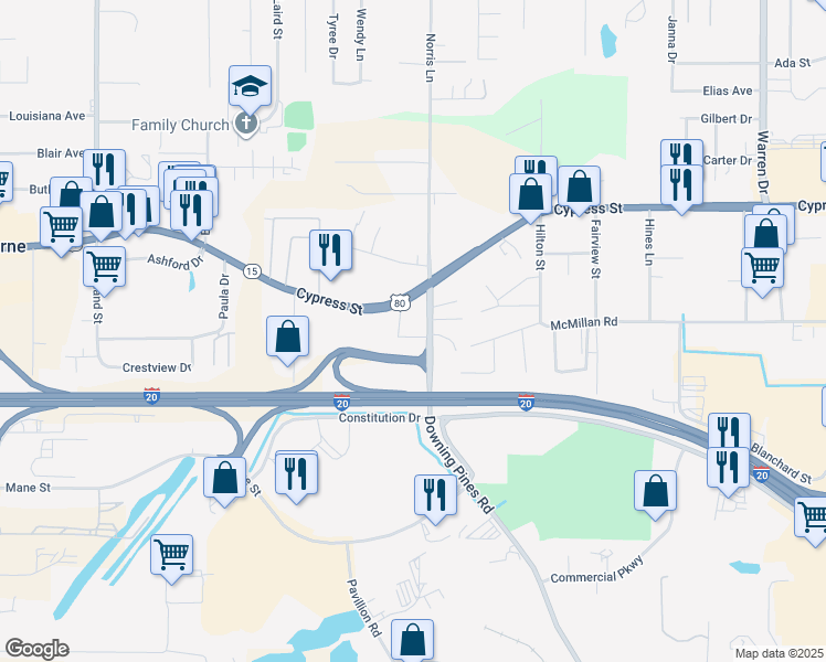 map of restaurants, bars, coffee shops, grocery stores, and more near Downing Pines Rd in Claiborne