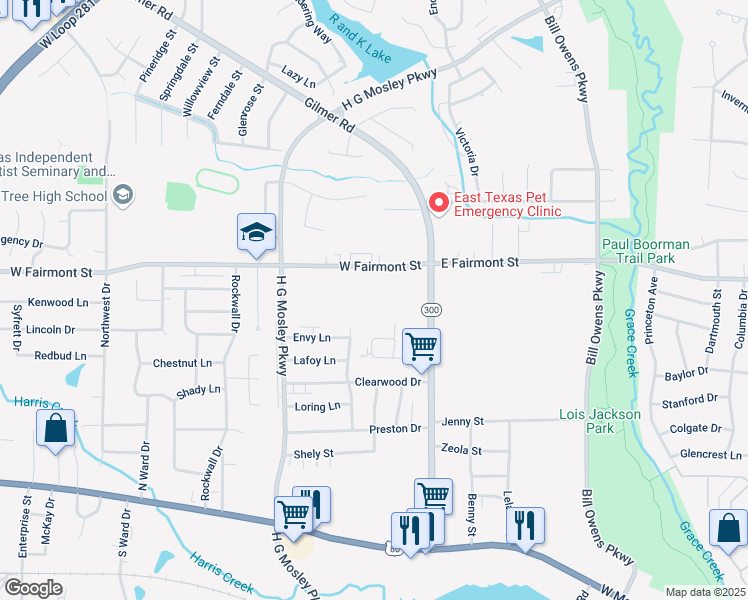 map of restaurants, bars, coffee shops, grocery stores, and more near 1514 Colony Circle in Longview