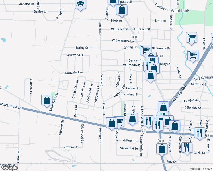 map of restaurants, bars, coffee shops, grocery stores, and more near 502 Scenic Drive in Longview