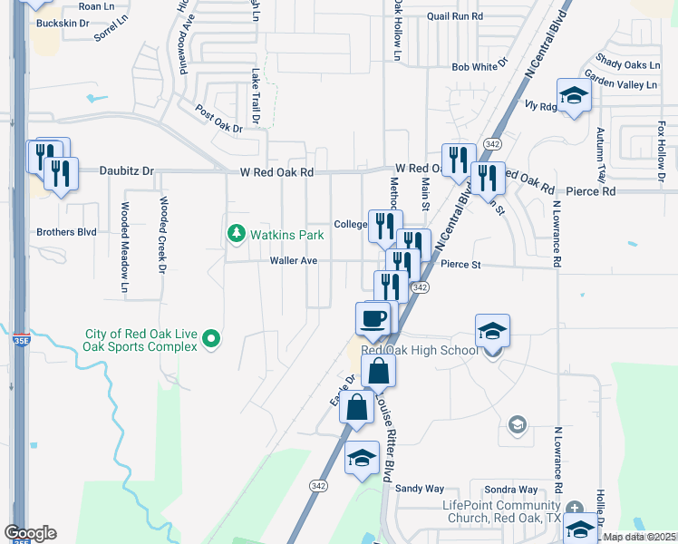 map of restaurants, bars, coffee shops, grocery stores, and more near 108 South Summit Street in Red Oak