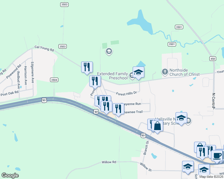 map of restaurants, bars, coffee shops, grocery stores, and more near 306 Forest Hills Drive in Hallsville
