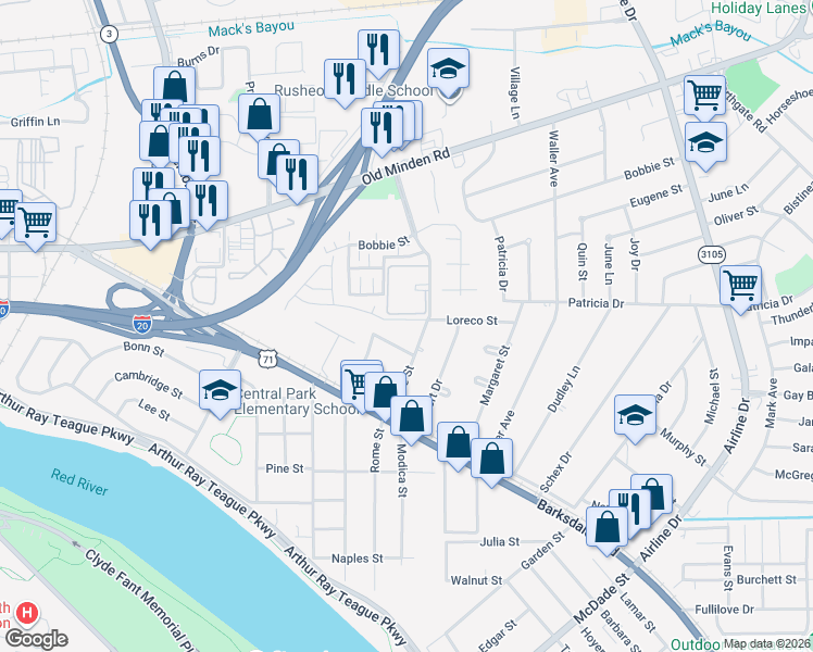 map of restaurants, bars, coffee shops, grocery stores, and more near 1127 Boone Street in Bossier City