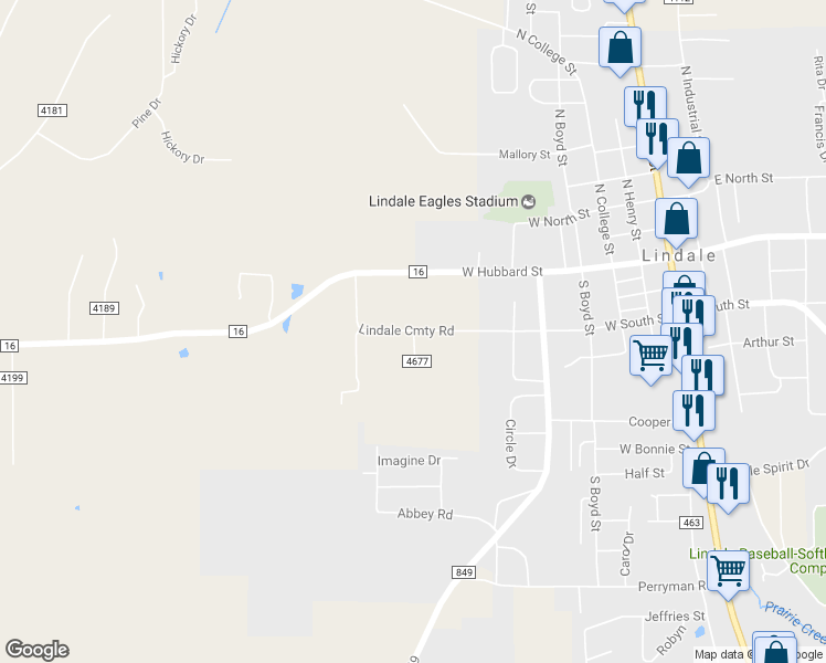 map of restaurants, bars, coffee shops, grocery stores, and more near 15253 Lindale Cmty Road in Lindale