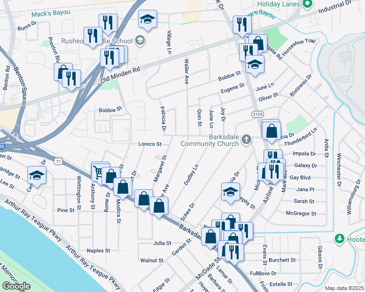 map of restaurants, bars, coffee shops, grocery stores, and more near 1241 Waller Avenue in Bossier City