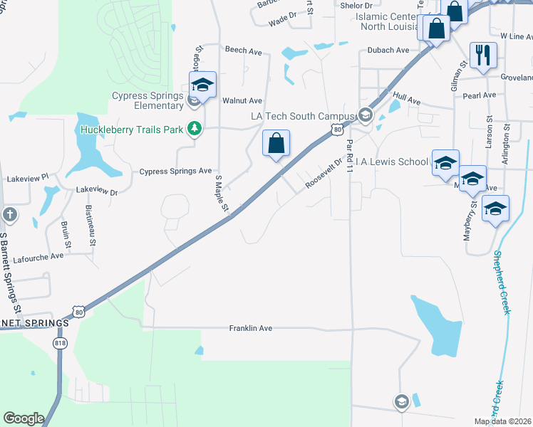 map of restaurants, bars, coffee shops, grocery stores, and more near 1911 Roosevelt Drive in Ruston