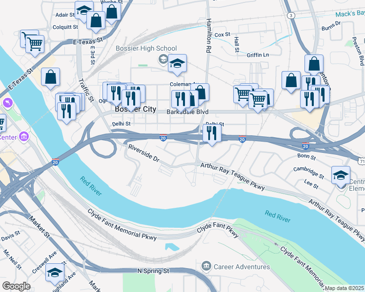map of restaurants, bars, coffee shops, grocery stores, and more near 124 Loop Street in Bossier City