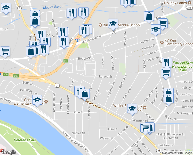map of restaurants, bars, coffee shops, grocery stores, and more near 1218 Boone Street in Bossier City