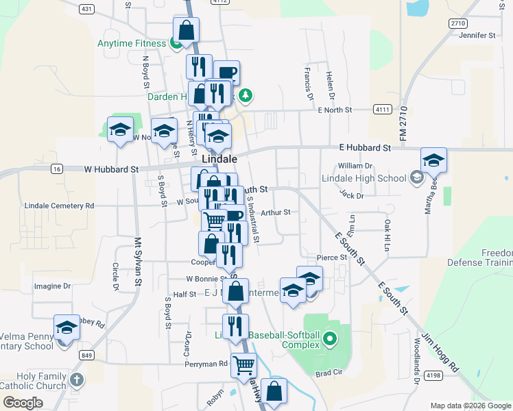 map of restaurants, bars, coffee shops, grocery stores, and more near 307 West South Street in Mineola