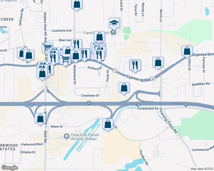map of restaurants, bars, coffee shops, grocery stores, and more near 159 Paula Drive in West Monroe