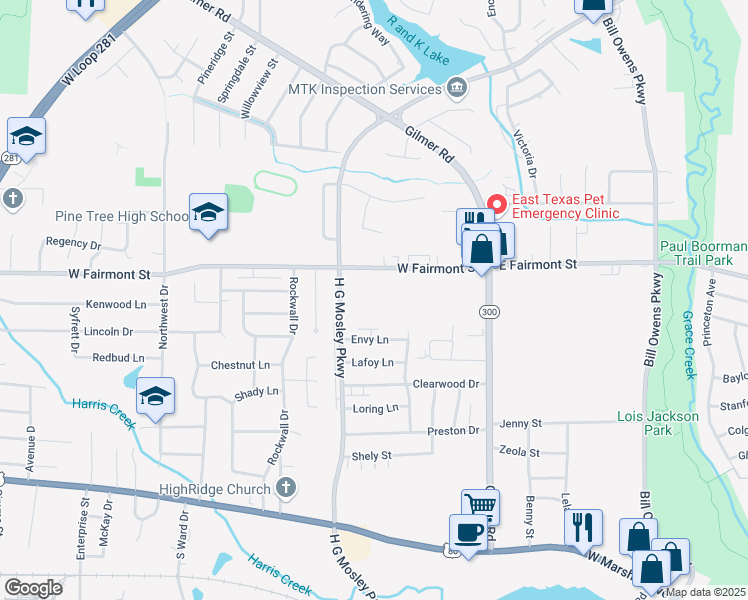 map of restaurants, bars, coffee shops, grocery stores, and more near 1400 H G Mosley Parkway in Longview