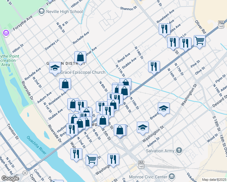 map of restaurants, bars, coffee shops, grocery stores, and more near 1011 N 9th St in Monroe