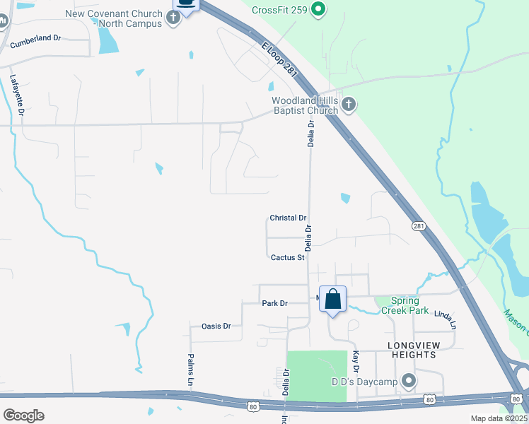 map of restaurants, bars, coffee shops, grocery stores, and more near 113 Christal Drive in Longview