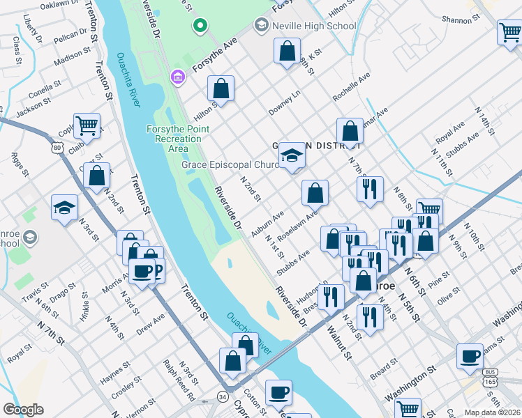 map of restaurants, bars, coffee shops, grocery stores, and more near 1403 N 2nd St in Monroe