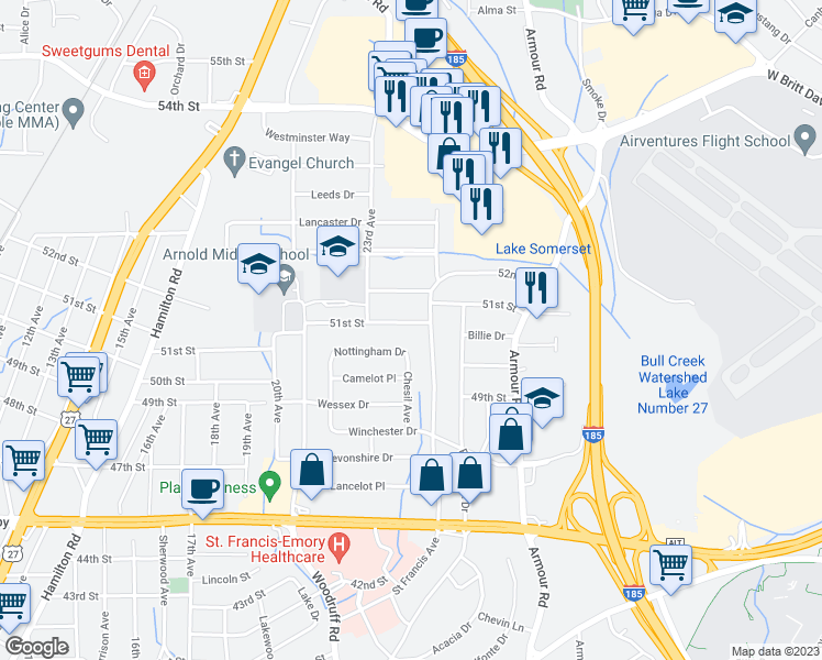 map of restaurants, bars, coffee shops, grocery stores, and more near 2408 51st Street in Columbus