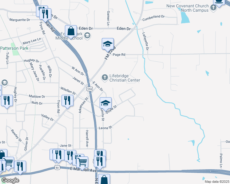 map of restaurants, bars, coffee shops, grocery stores, and more near 116 Dossey Street in Longview