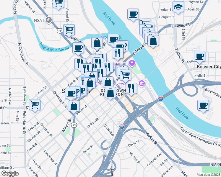 map of restaurants, bars, coffee shops, grocery stores, and more near 220 Milam Street in Shreveport