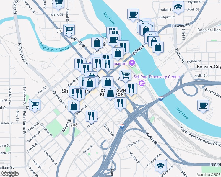 map of restaurants, bars, coffee shops, grocery stores, and more near 229 Milam Street in Shreveport