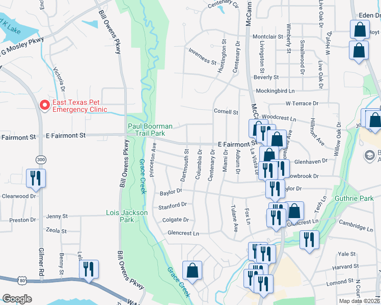map of restaurants, bars, coffee shops, grocery stores, and more near 1501 Dartmouth Street in Longview