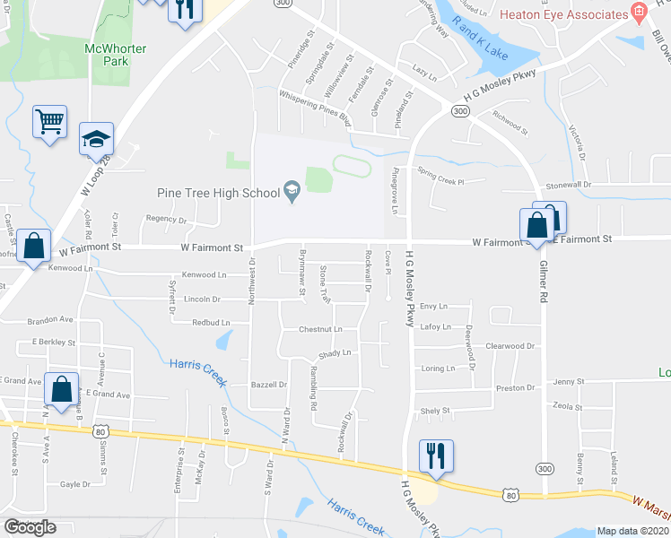 map of restaurants, bars, coffee shops, grocery stores, and more near 1202 Briarwood Street in Longview