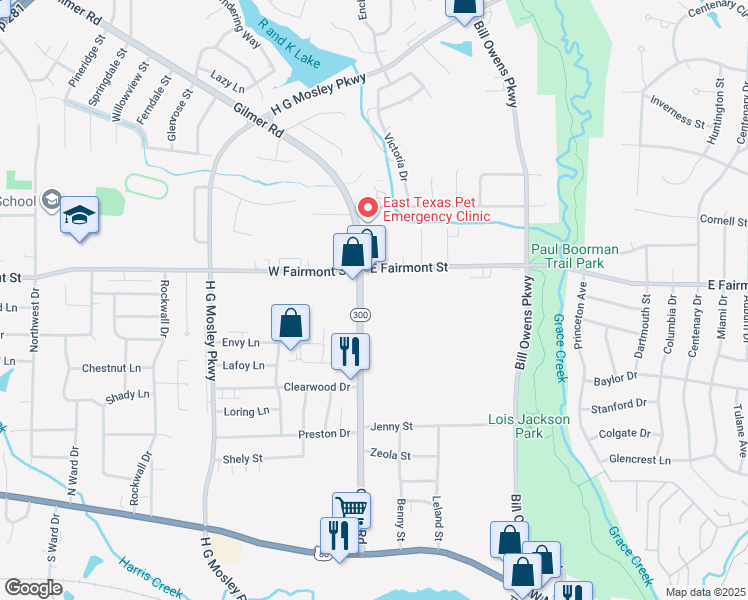 map of restaurants, bars, coffee shops, grocery stores, and more near 700 Gilmer Rd in Longview