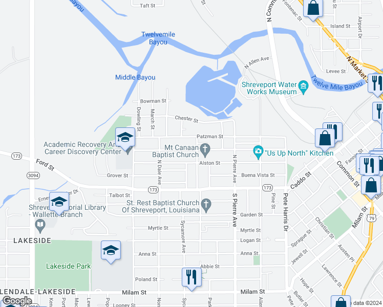 map of restaurants, bars, coffee shops, grocery stores, and more near 1709 Clay Street in Shreveport