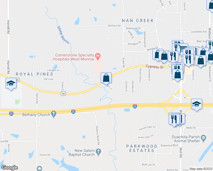 map of restaurants, bars, coffee shops, grocery stores, and more near 6081 Cypress Street in West Monroe
