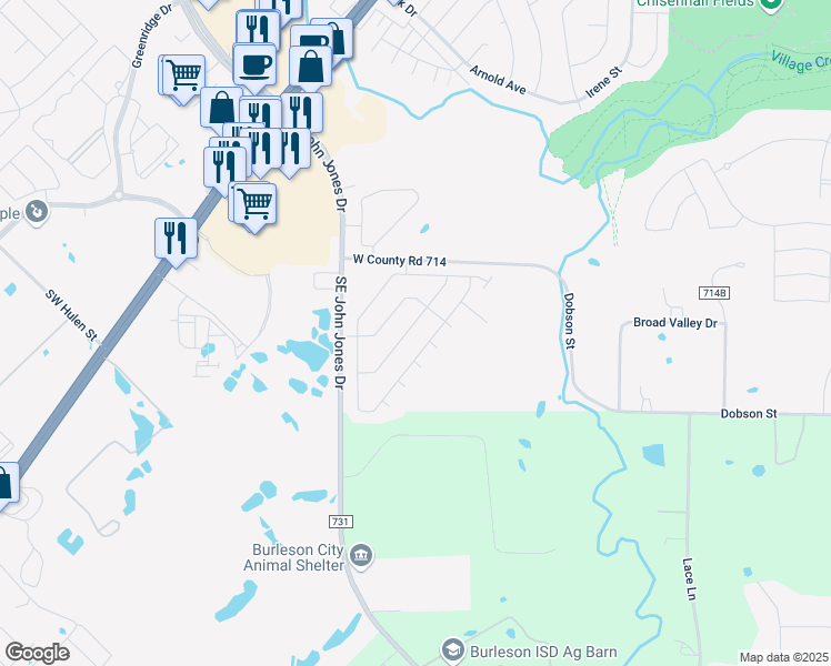 map of restaurants, bars, coffee shops, grocery stores, and more near 1009 Winepress Road in Burleson