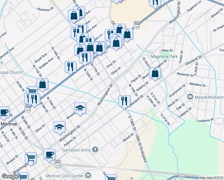 map of restaurants, bars, coffee shops, grocery stores, and more near 1706 Washington Street in Monroe
