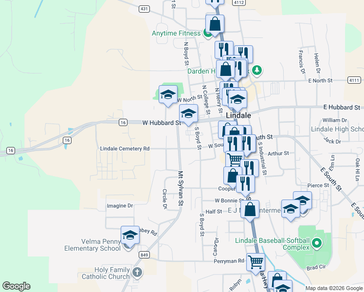 map of restaurants, bars, coffee shops, grocery stores, and more near 209 Mount Sylvan Street in Lindale