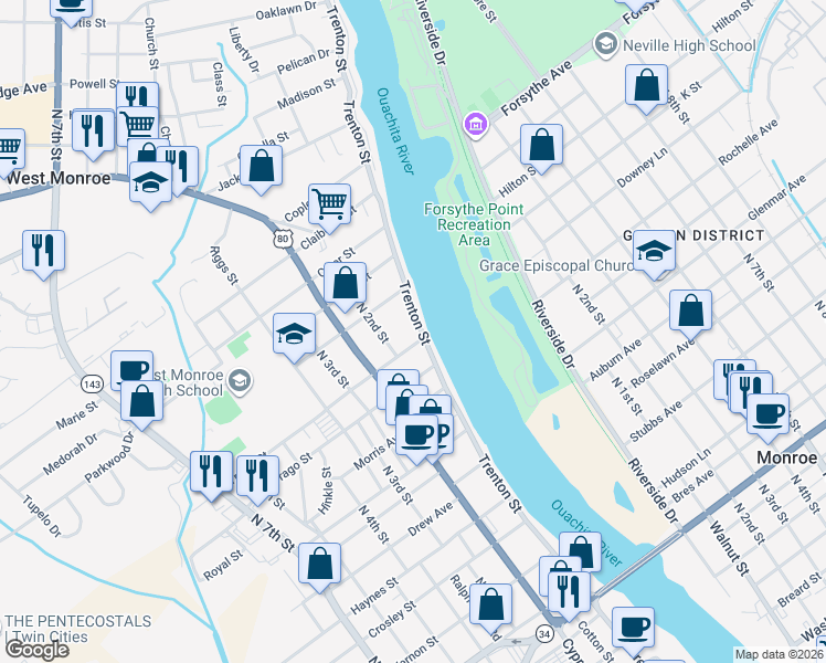 map of restaurants, bars, coffee shops, grocery stores, and more near 1505 Trenton Street in West Monroe
