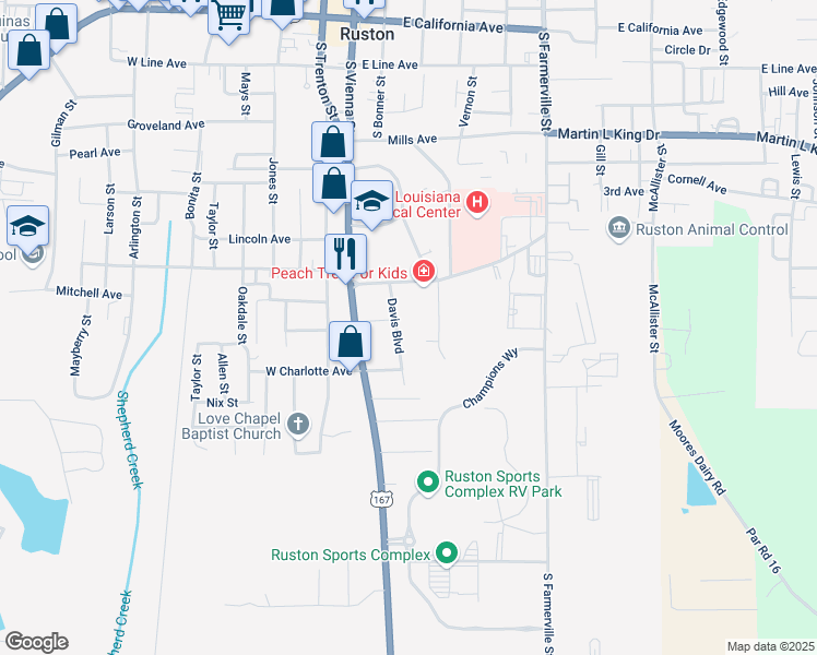 map of restaurants, bars, coffee shops, grocery stores, and more near 1304 Davis Boulevard in Ruston