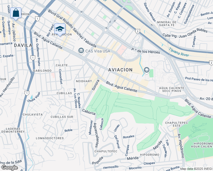 map of restaurants, bars, coffee shops, grocery stores, and more near 10611 Boulevard Agua Caliente in Tijuana