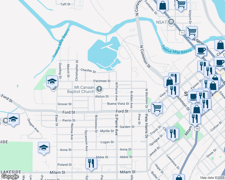map of restaurants, bars, coffee shops, grocery stores, and more near 1606 Clay Street in Shreveport