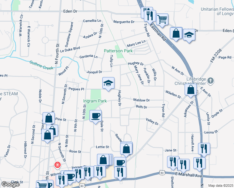map of restaurants, bars, coffee shops, grocery stores, and more near 1619 Hughey Drive in Longview