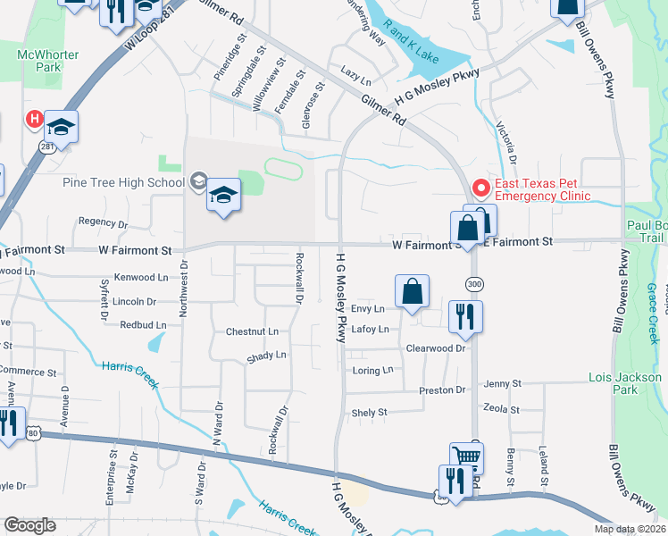 map of restaurants, bars, coffee shops, grocery stores, and more near 702 Cove Place in Longview