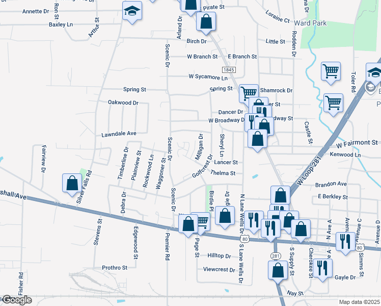 map of restaurants, bars, coffee shops, grocery stores, and more near 105 Thelma Ct in Longview