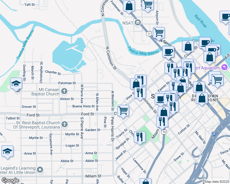 map of restaurants, bars, coffee shops, grocery stores, and more near 221 North Baker Street in Shreveport