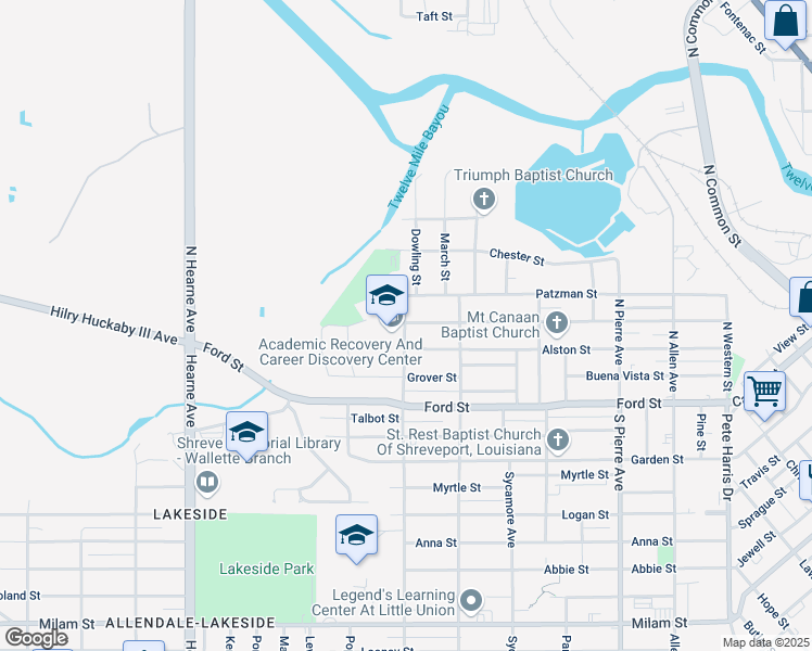 map of restaurants, bars, coffee shops, grocery stores, and more near 401 North Holtzman Avenue in Shreveport
