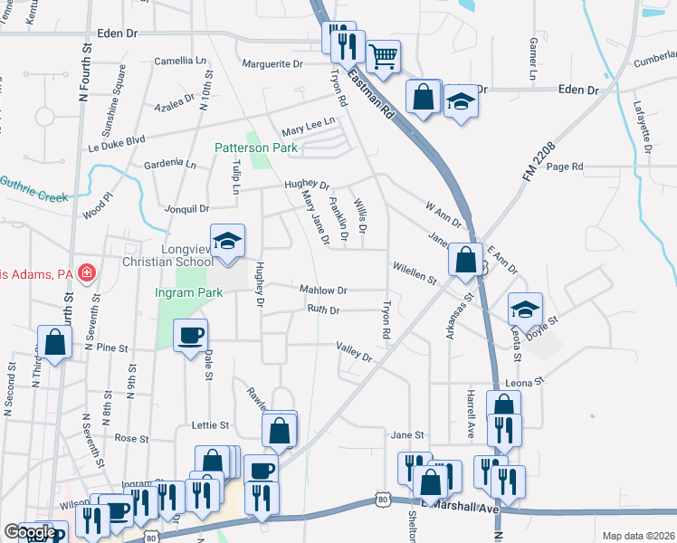 map of restaurants, bars, coffee shops, grocery stores, and more near 1404 Mary Jane Drive in Longview