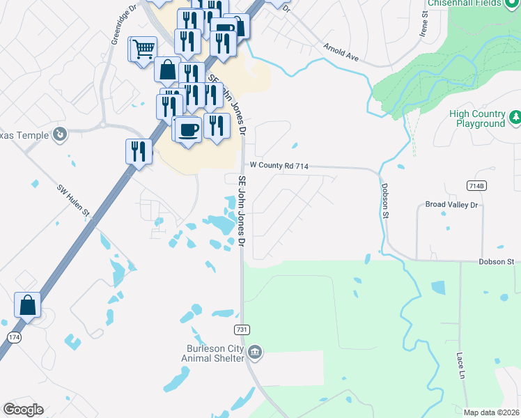map of restaurants, bars, coffee shops, grocery stores, and more near 1024 Vinewood Avenue in Burleson