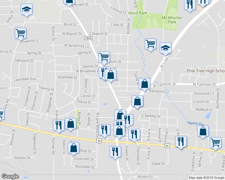 map of restaurants, bars, coffee shops, grocery stores, and more near 726 Farm to Market Road 1845 in Longview