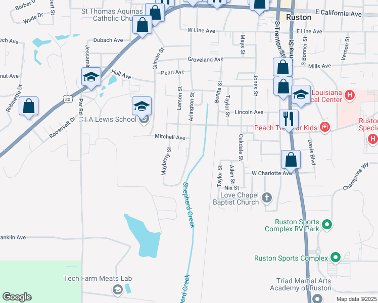map of restaurants, bars, coffee shops, grocery stores, and more near 1428 Arlington Street in Ruston