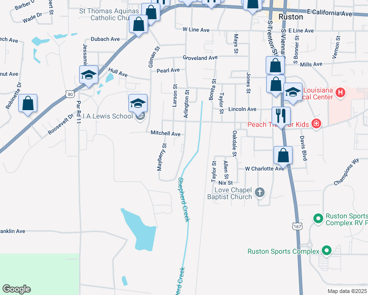 map of restaurants, bars, coffee shops, grocery stores, and more near 1428 Arlington Street in Ruston