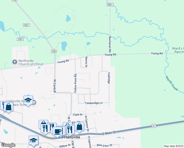 map of restaurants, bars, coffee shops, grocery stores, and more near 219 Longmont Street in Hallsville